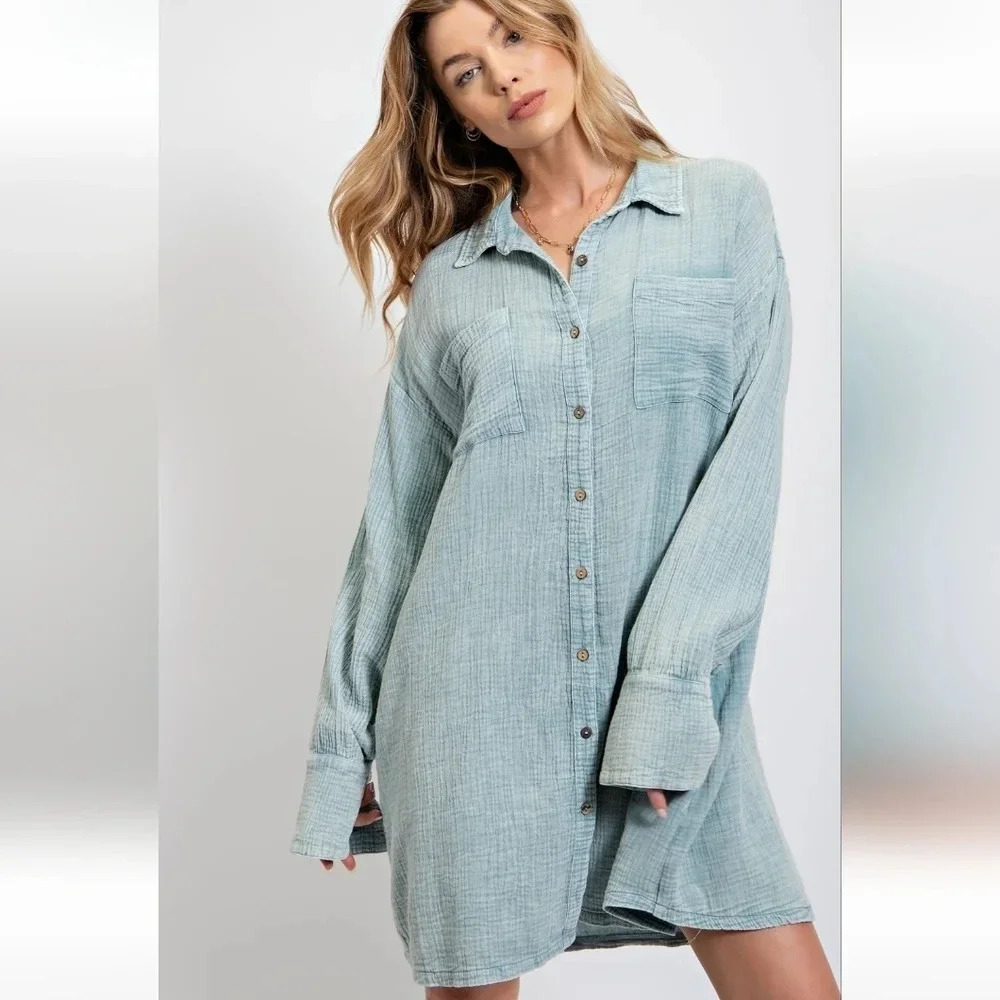 New! Easel Mineral Washed Relaxed Fit Blue Shirt Dress - Picture 3 of 7